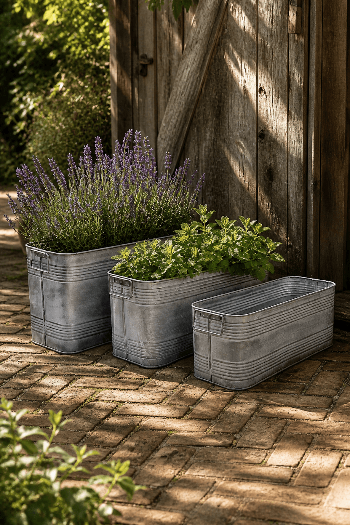 Aged Zinc Trough Planters with Handles - Set of 3