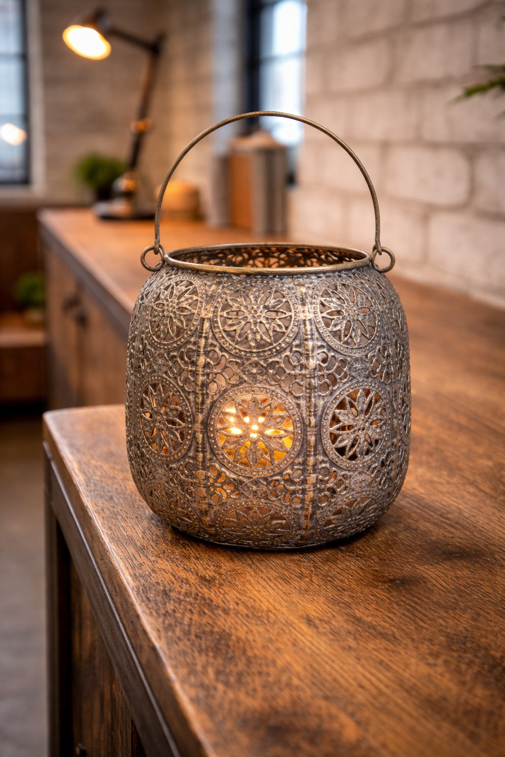 Flower Perforated Tea Light Holder - Antique Brass