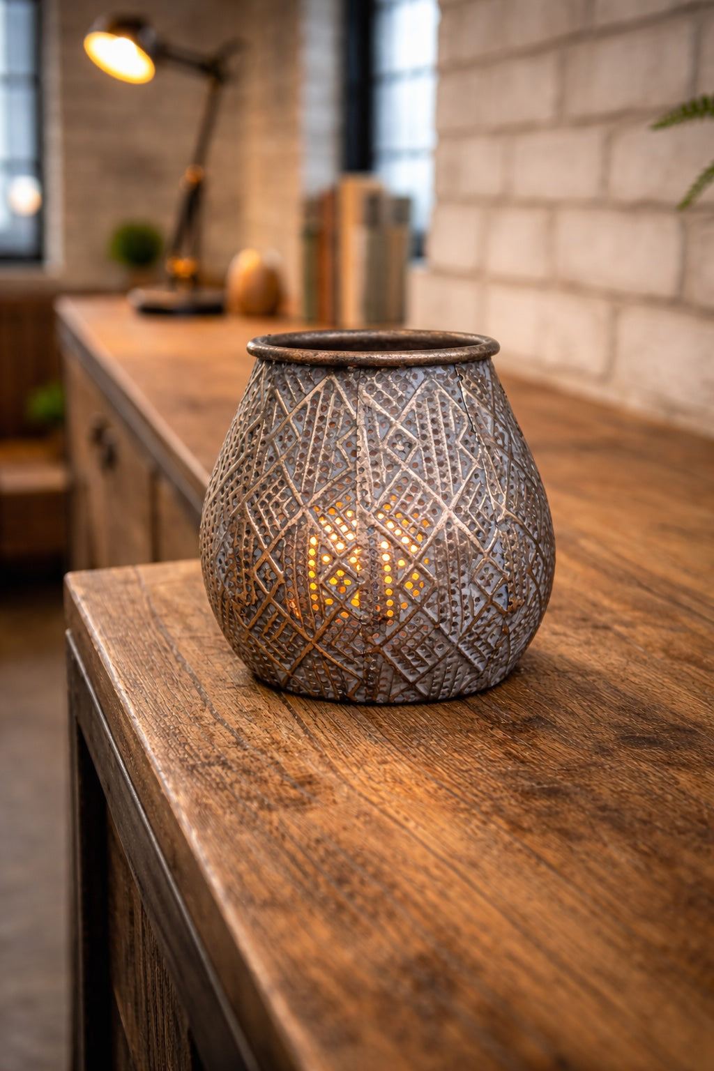 Geometric Perforated Tea Light Holder - Bronze