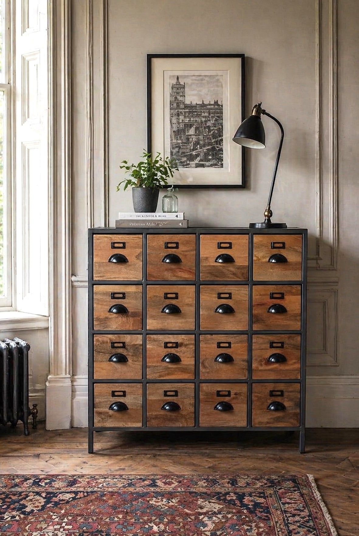 Industrial Apothecary Drawer Unit in a victorian style home