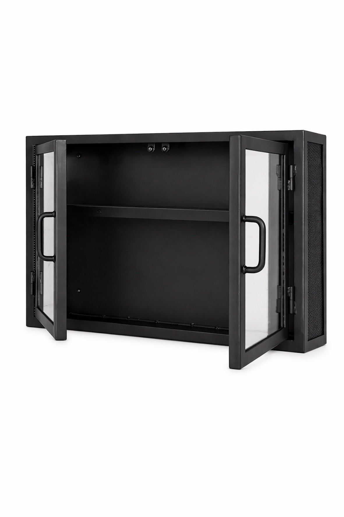 Industrial Mirrored Double Door Bathroom Cabinet - Matt Black with doors open on white background
