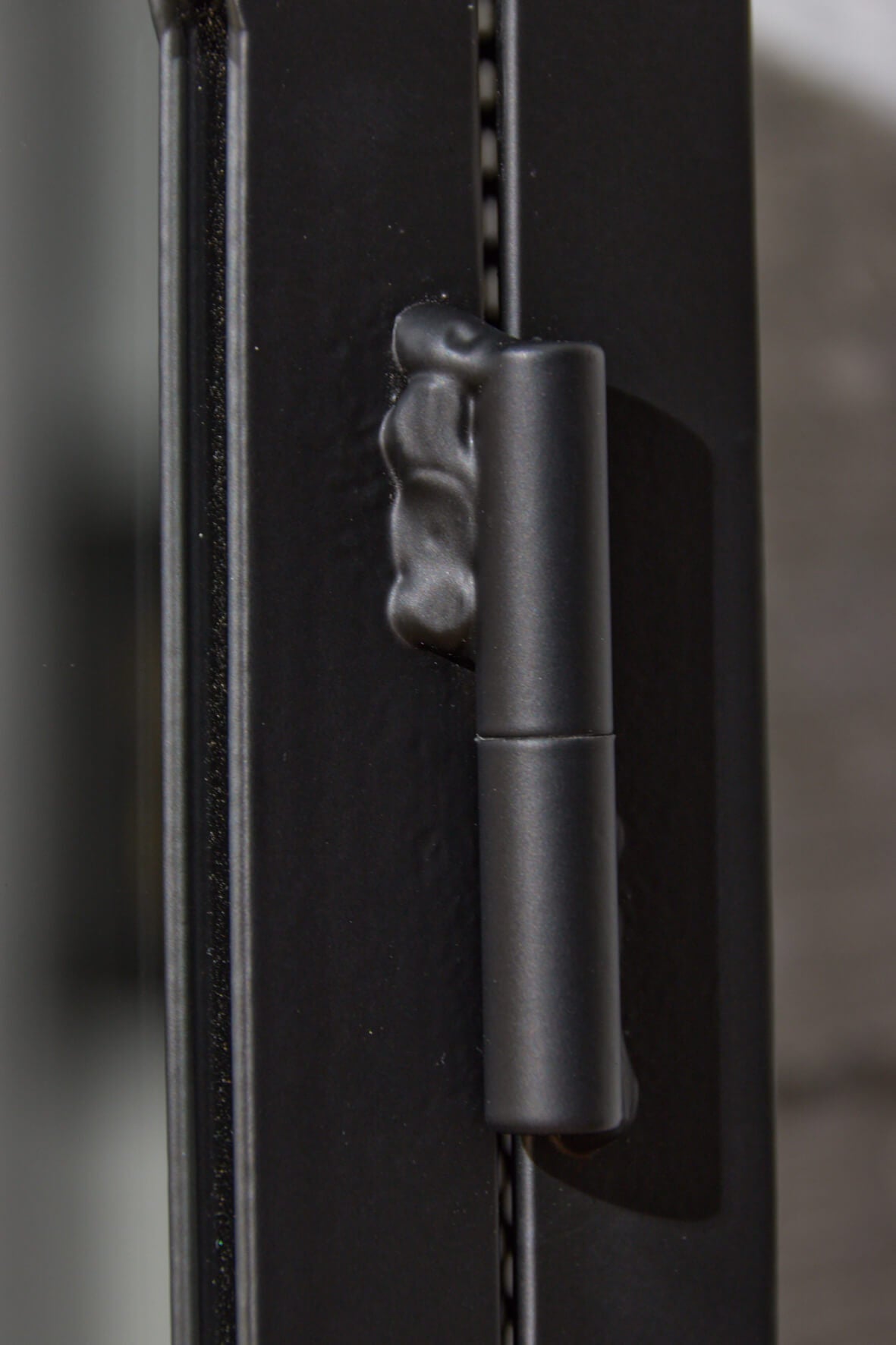 Industrial Mirrored Double Door Bathroom Cabinet - Matt Black close up of hinge