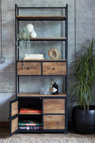 Industrial Bookcase with Cupboard and Drawers door open