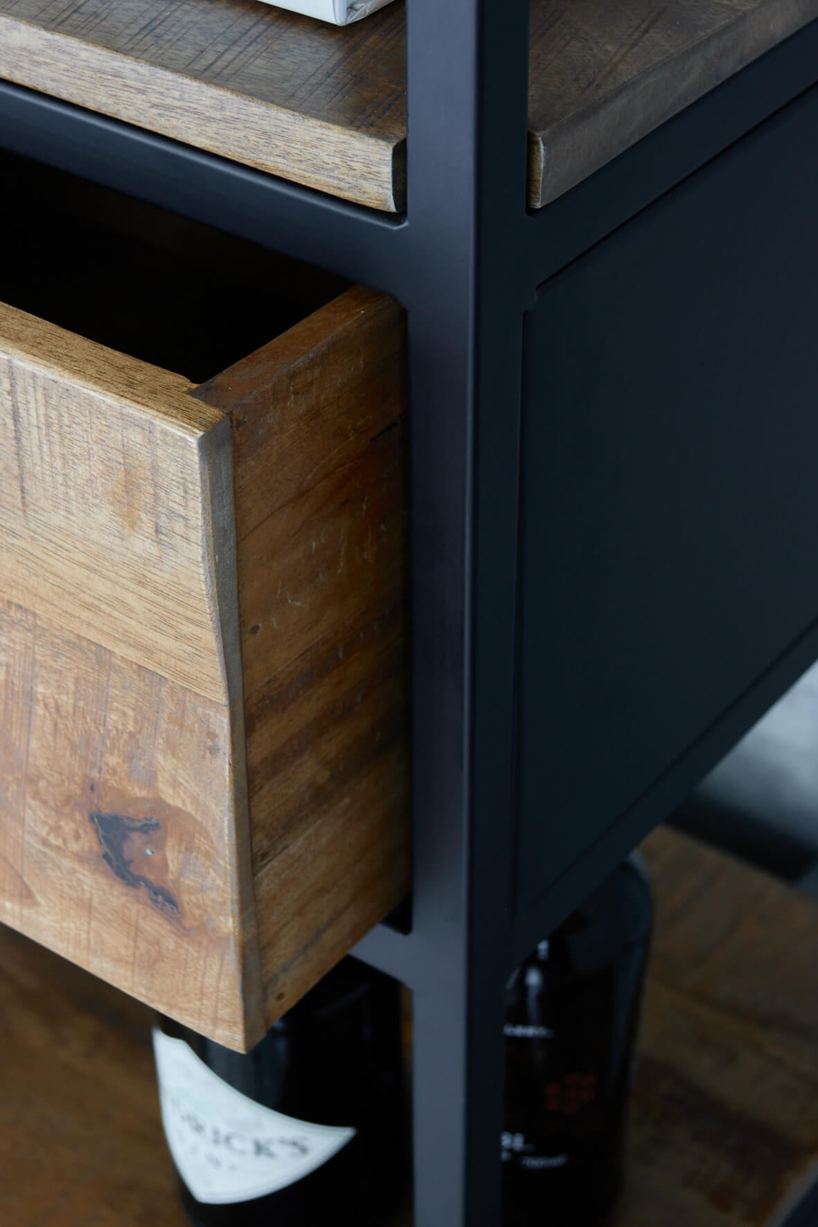 Industrial Bookcase with Cupboard and Drawers close up of paint