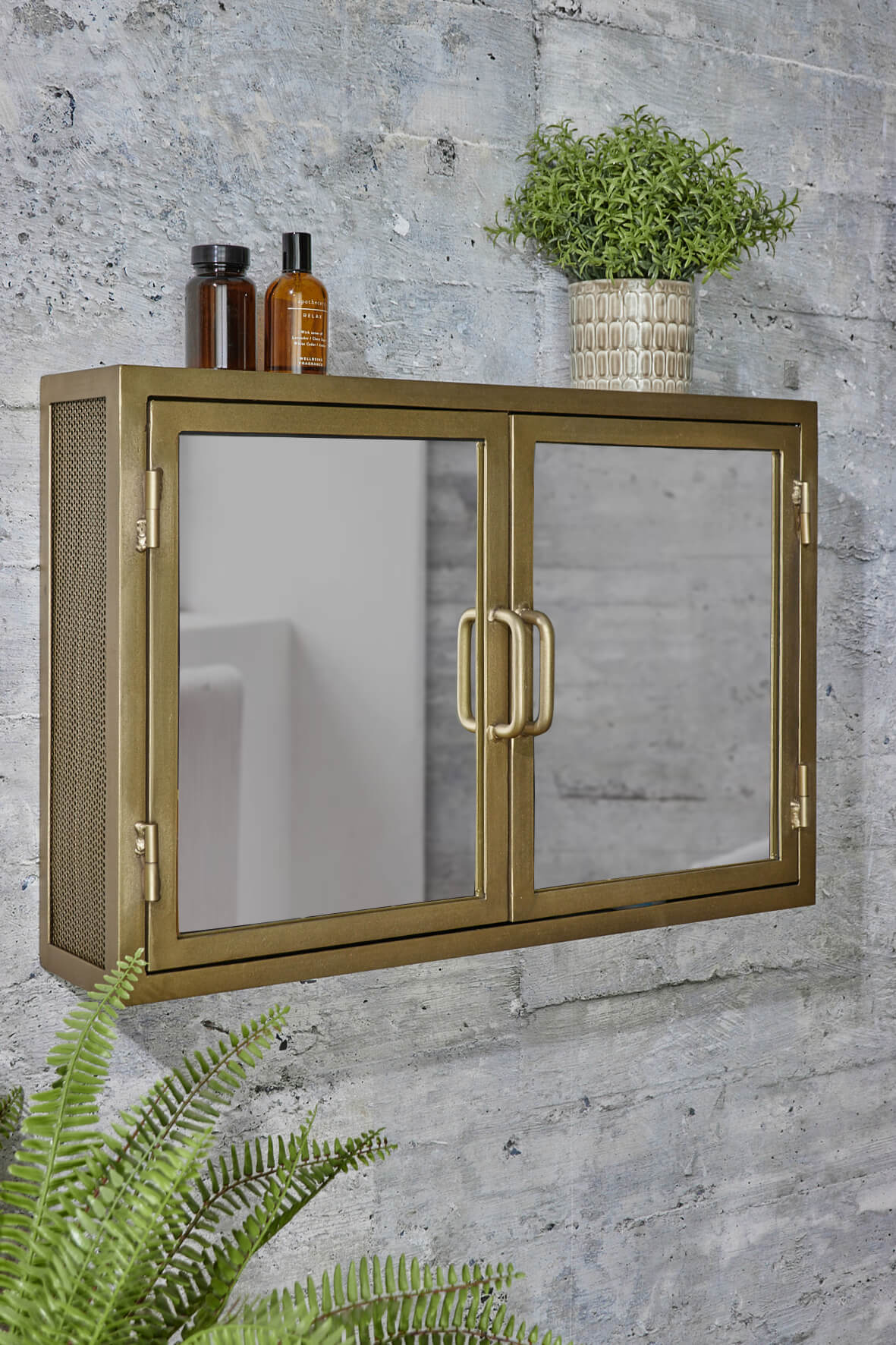 Industrial Mirrored Double Door Bathroom Cabinet - Antique Brass