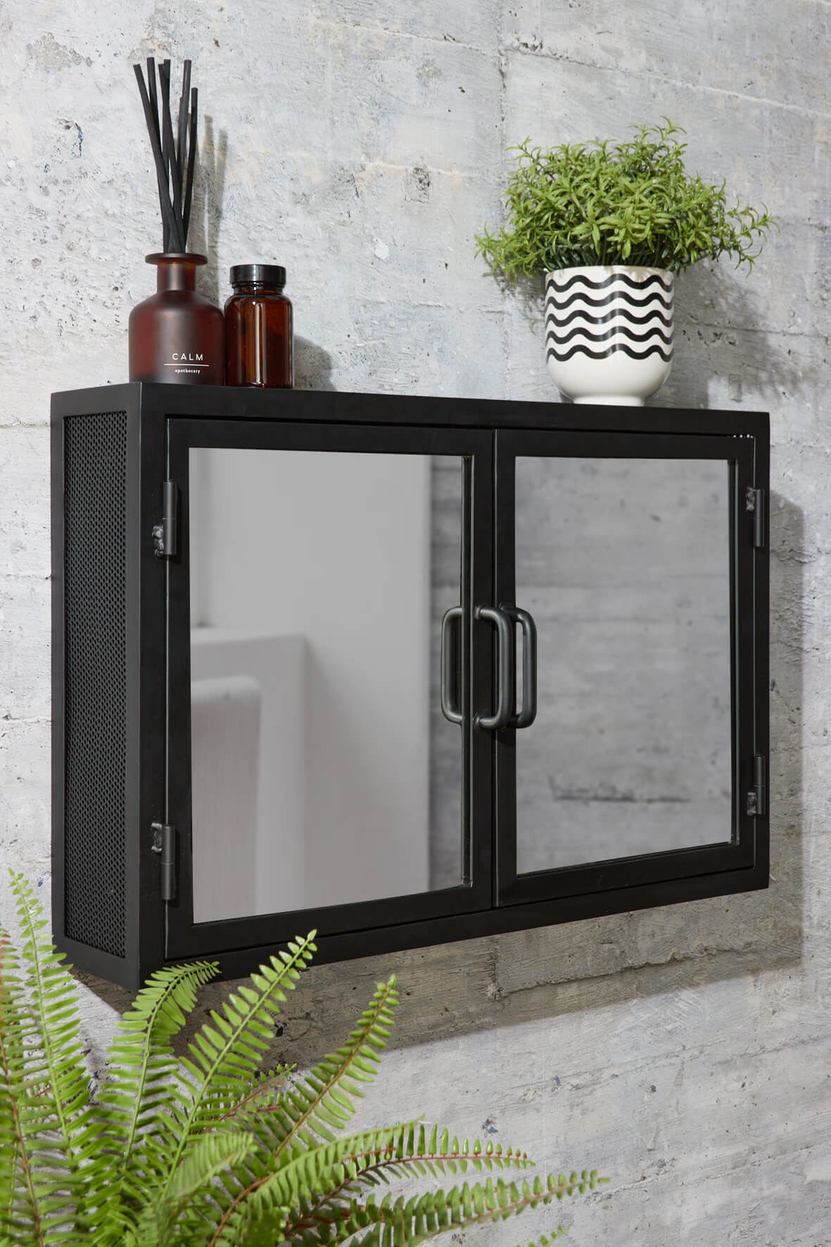 Industrial Mirrored Double Door Bathroom Cabinet - Matt Black