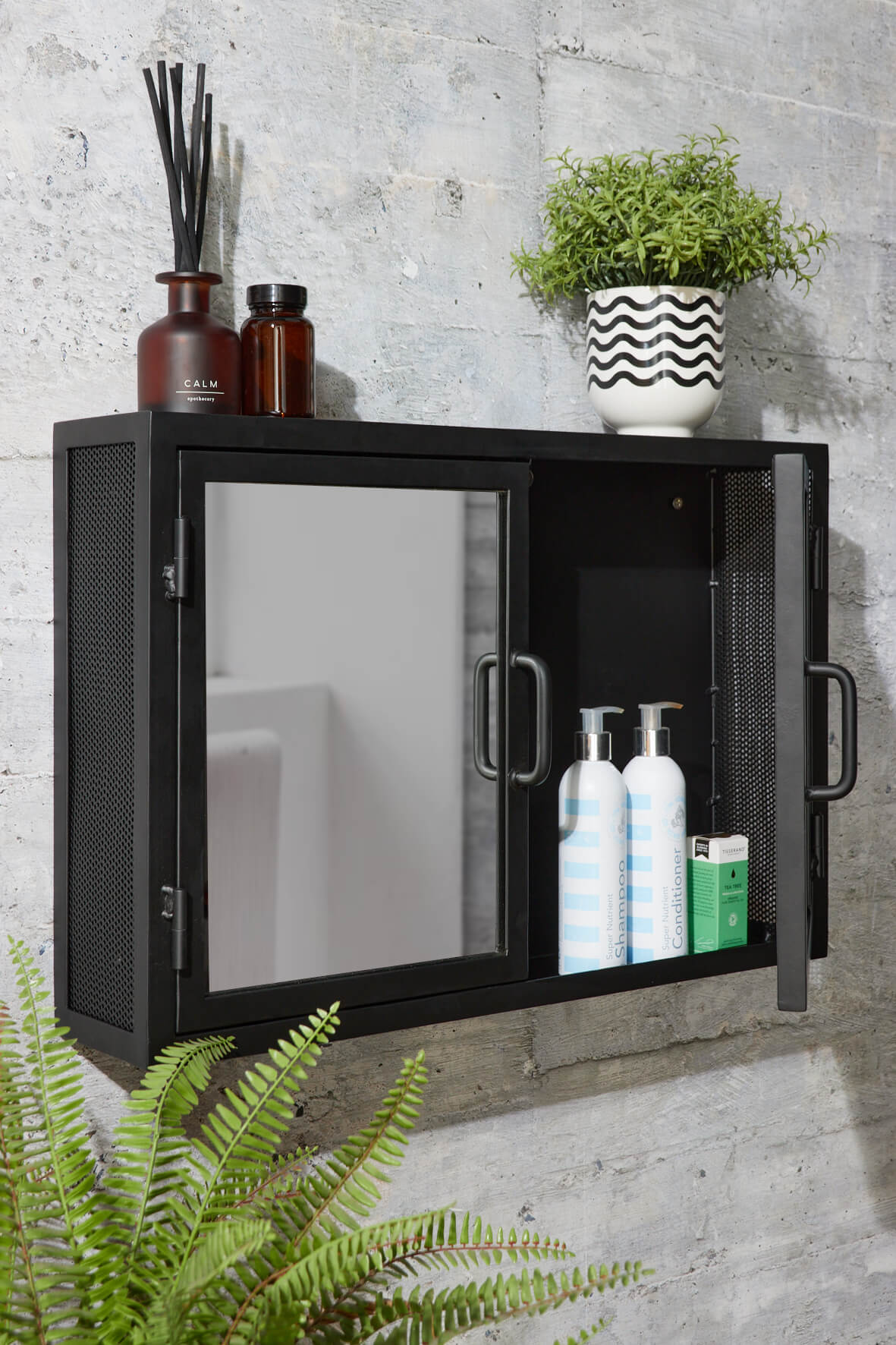 Industrial Mirrored Double Door Bathroom Cabinet - Matt Black with door open