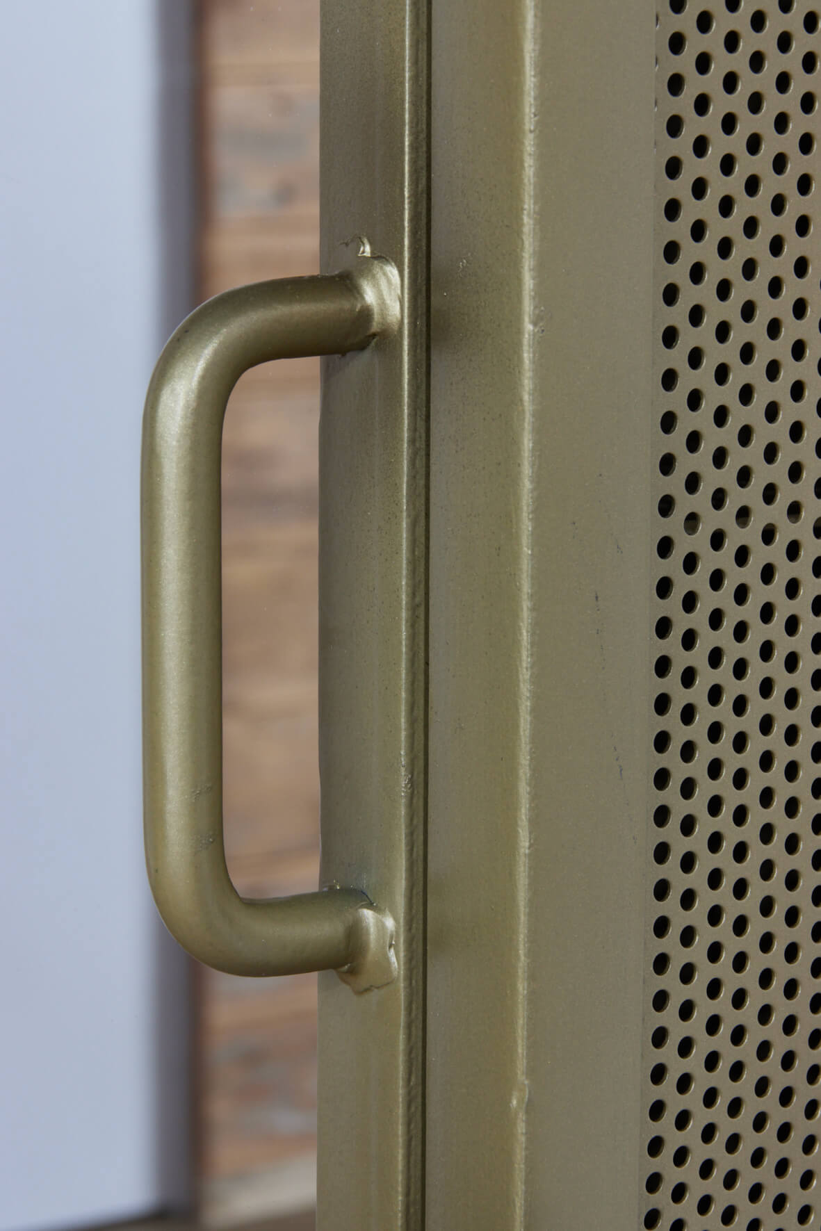 Industrial Mirrored Tall Slim Bathroom Cabinet - Antique Brass close up of handle