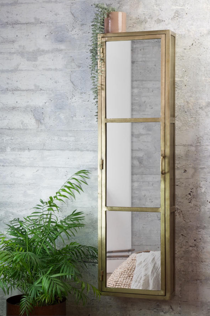 Industrial Mirrored Tall Slim Bathroom Cabinet - Antique Brass