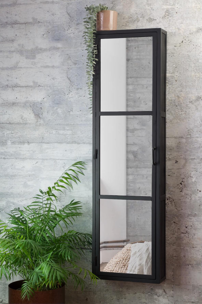 Industrial Mirrored Tall Slim Bathroom Cabinet - Matt Black
