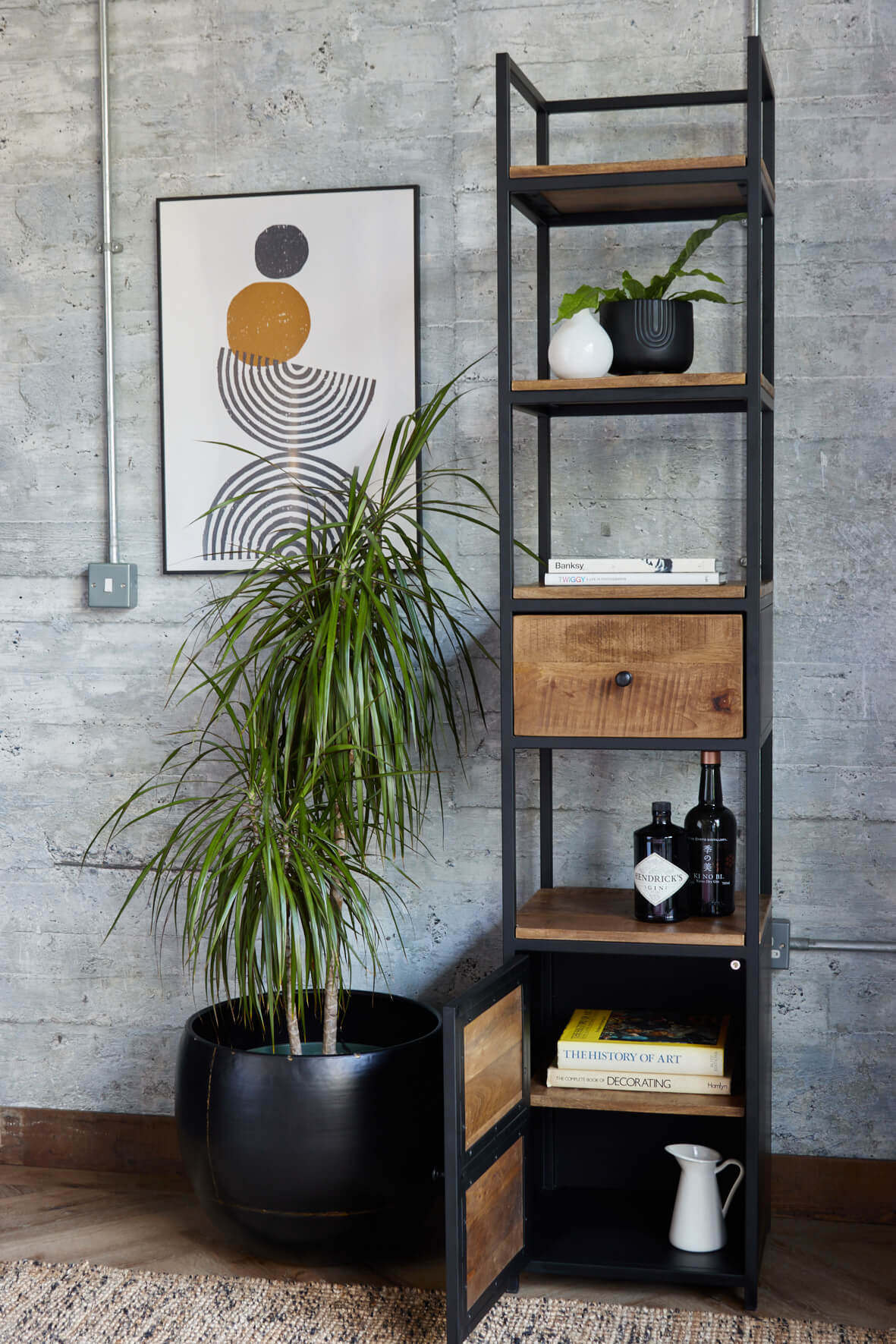 Industrial Narrow Bookcase with Cupboard and Drawer door open