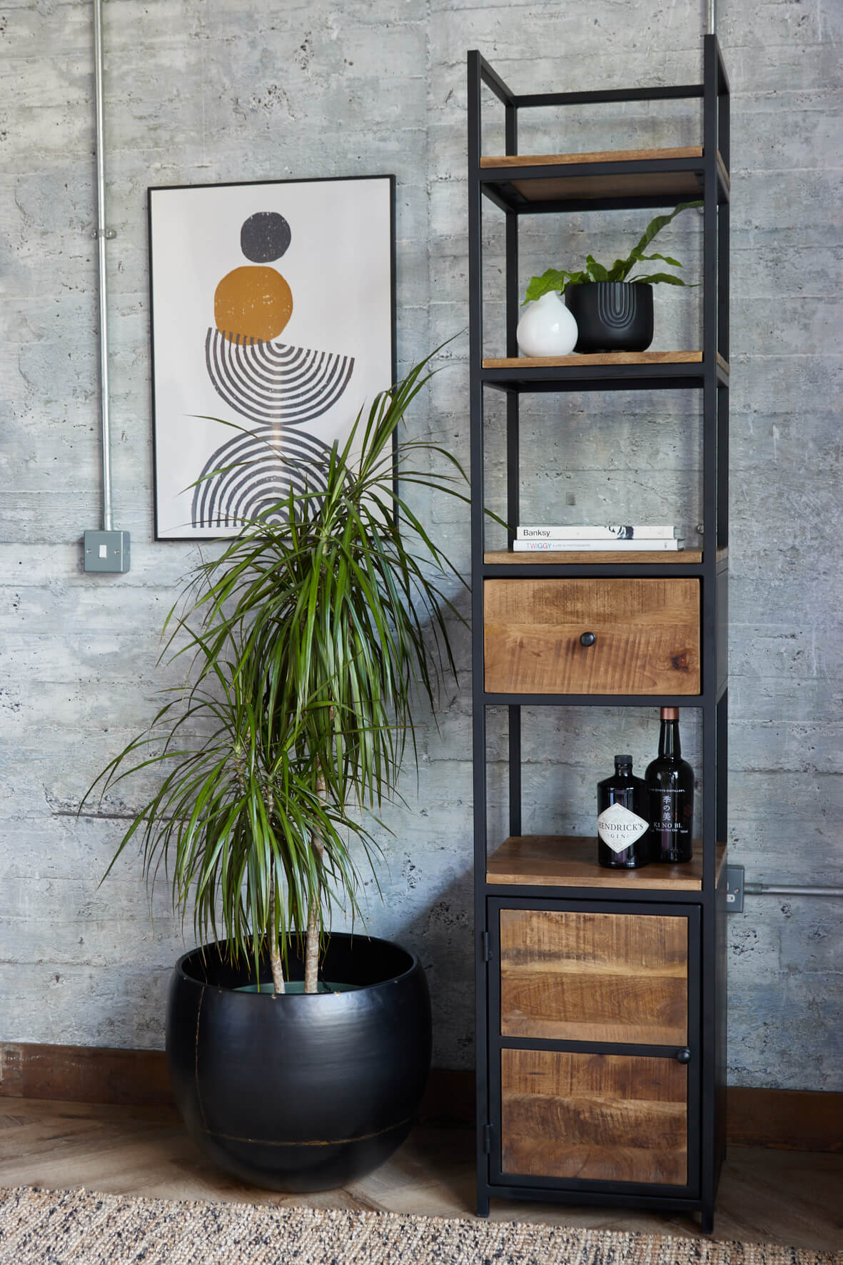Industrial Narrow Bookcase with Cupboard and Drawer