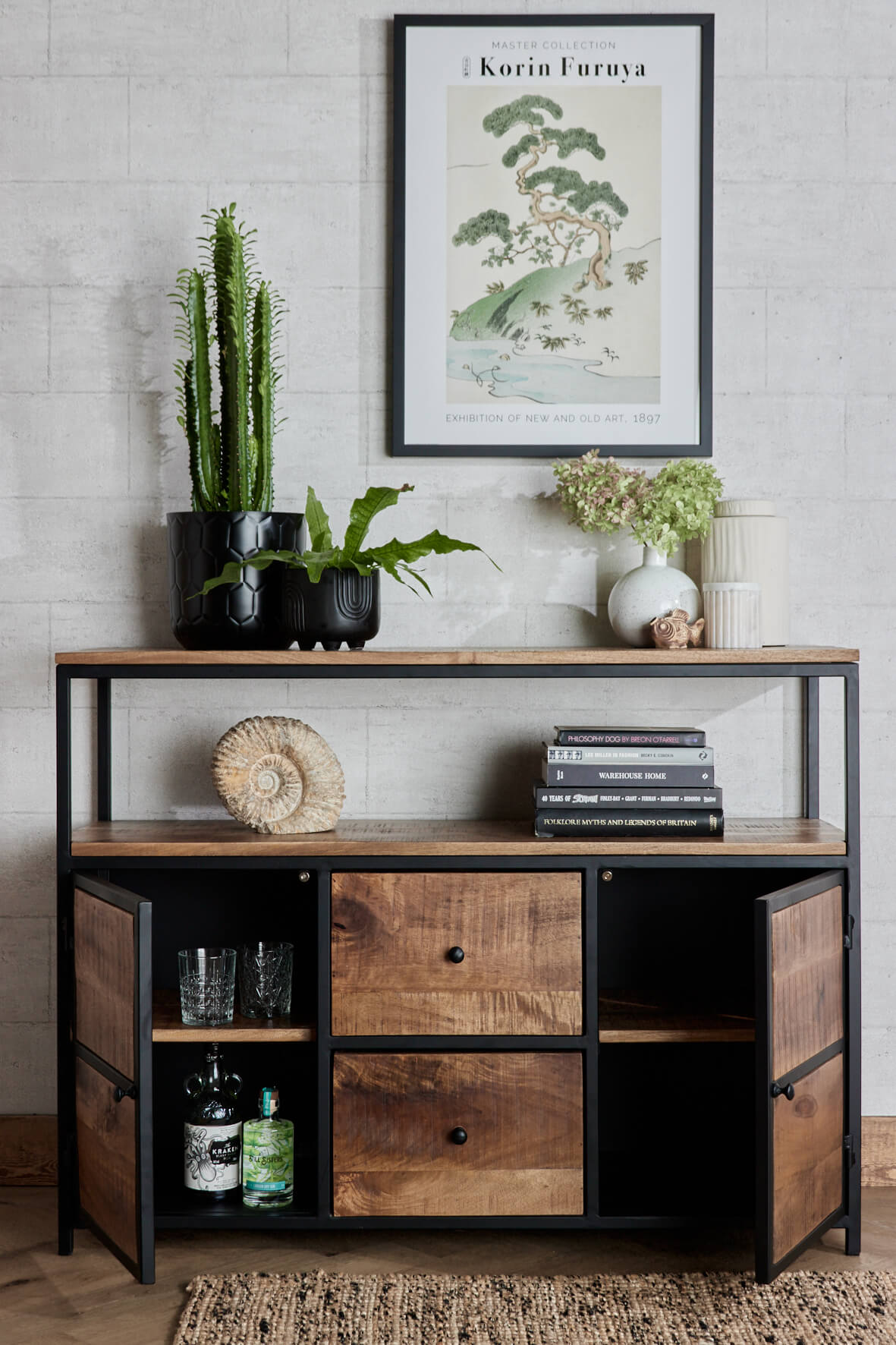 Industrial Sideboard with Cupboards and Drawers - Matt Black doors open