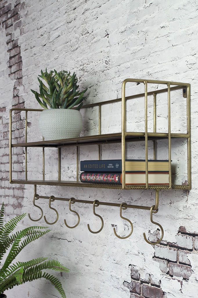 Industrial Wall Shelf with Hooks - Antique Brass