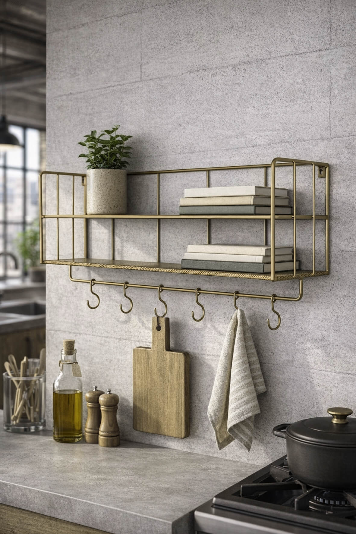 Industrial Wall Shelf with Hooks - Antique Brass