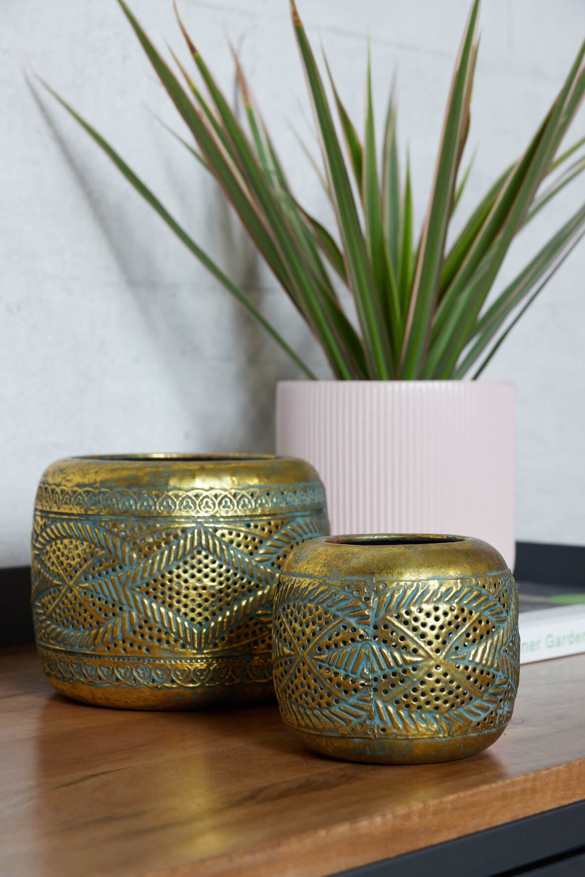 Perforated Tea Light Holder Set of 2 - Antique Brass