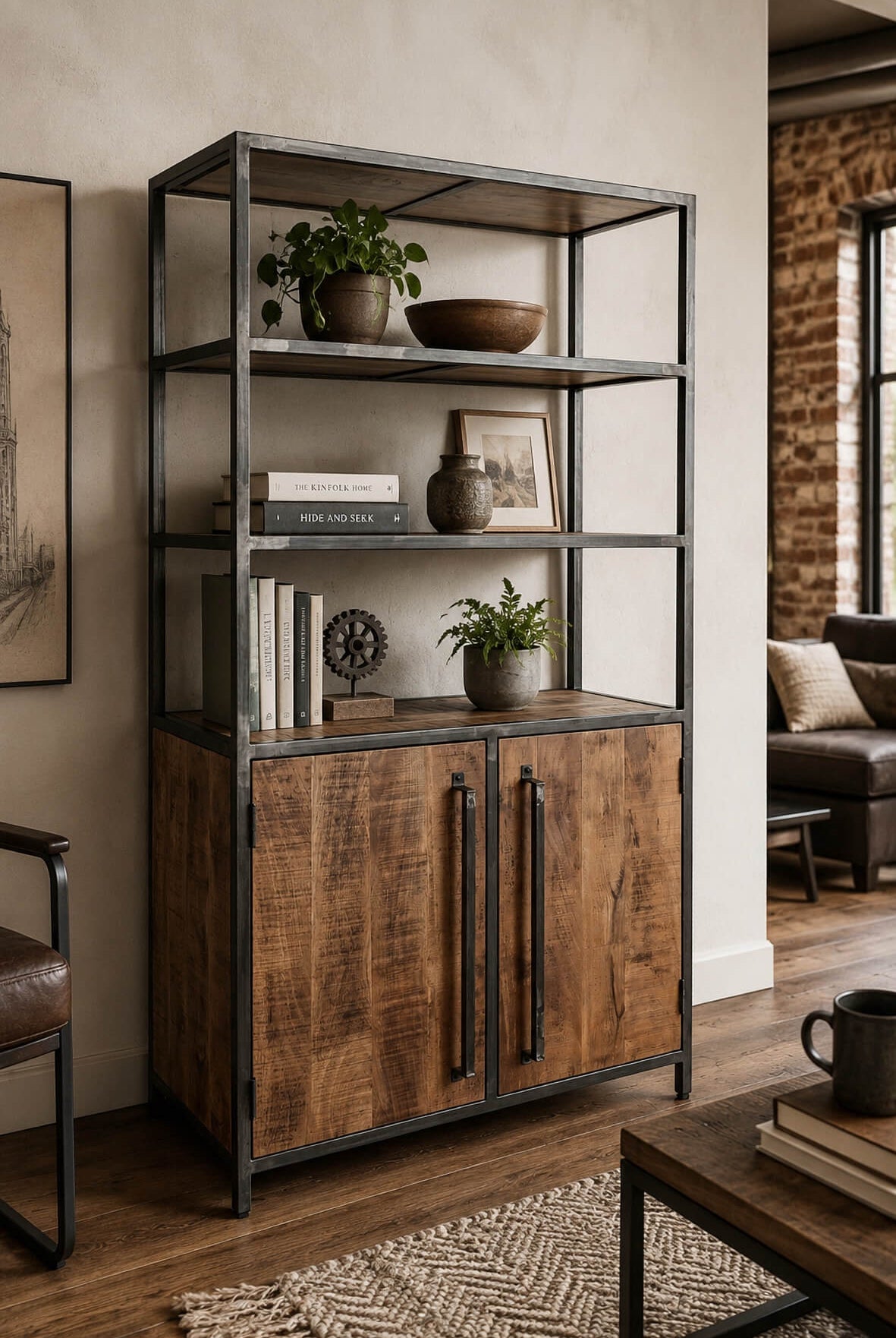 Saw Cut Bookcase with Cupboard-Distressed