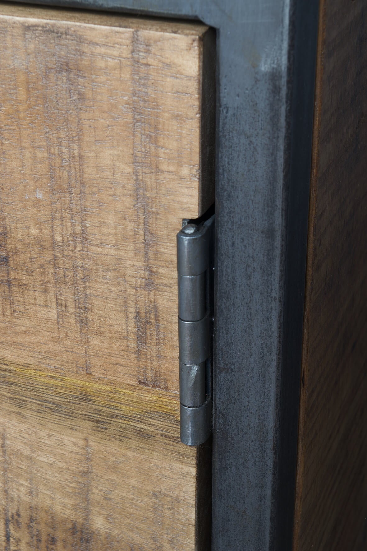 Saw Cut Sideboard with Cupboards and Drawers - Distressed close up of hinge.