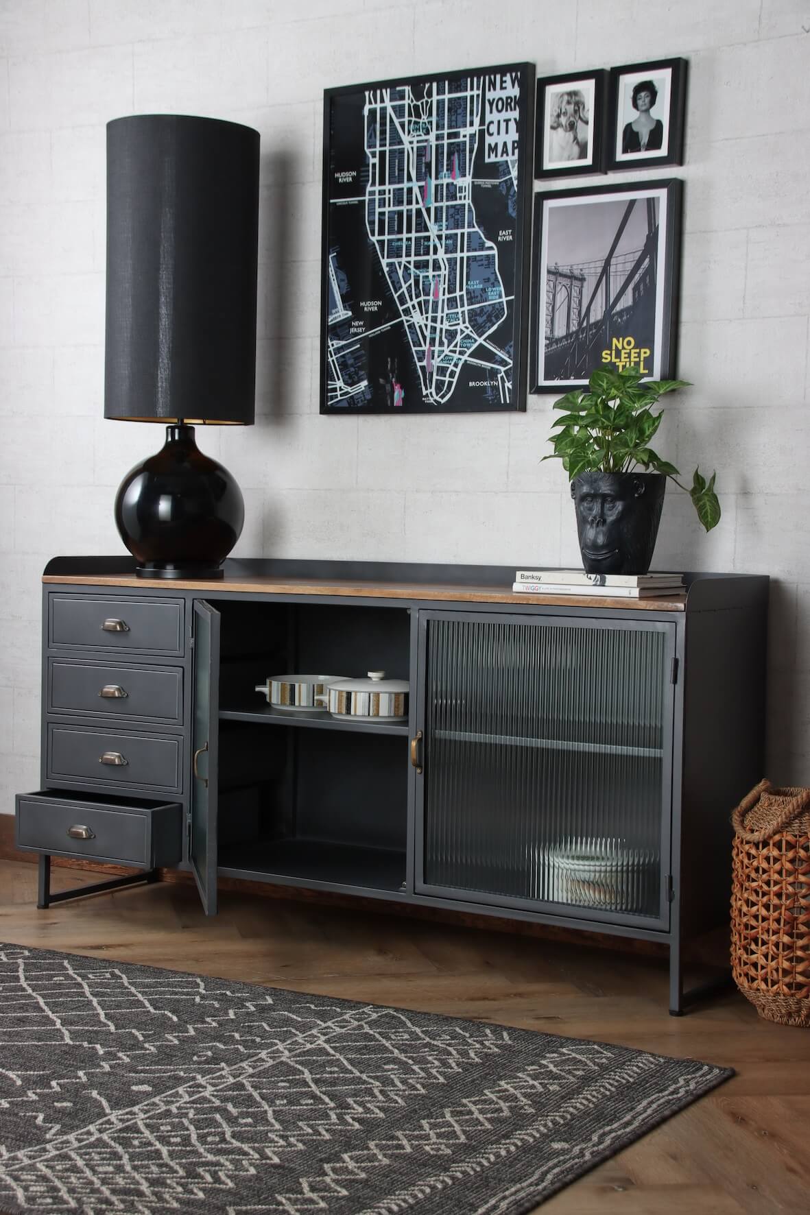 Vintage Industrial Style Sideboard with Drawer and Fluted Glass Door Open