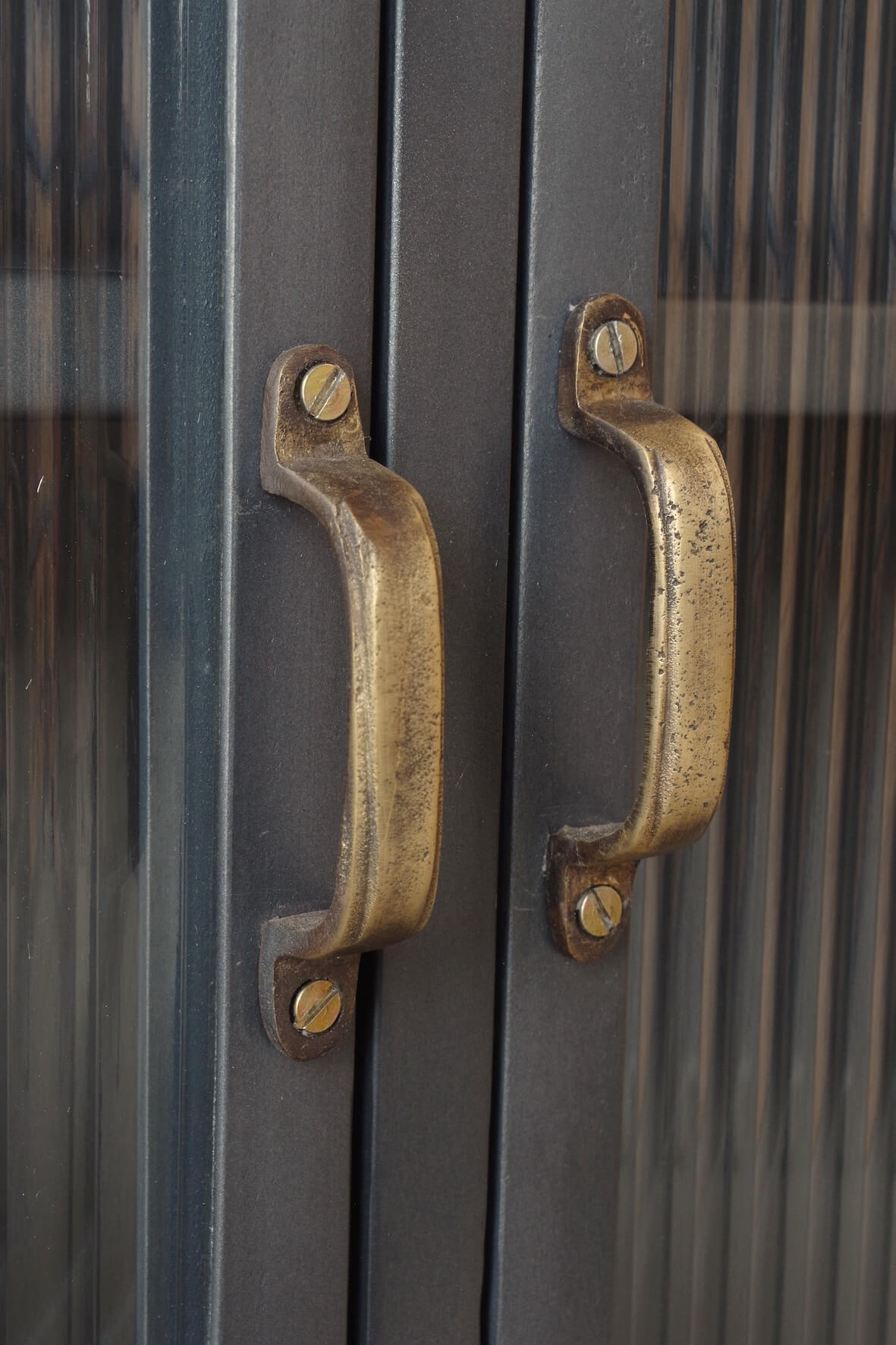 Vintage Industrial Style Sideboard with Drawer close up of brass handles