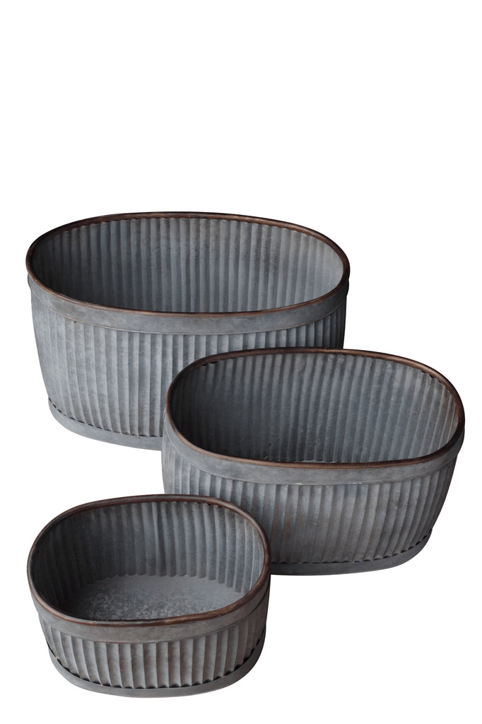 Galvanised Fluted Oval Planters - Set of 3