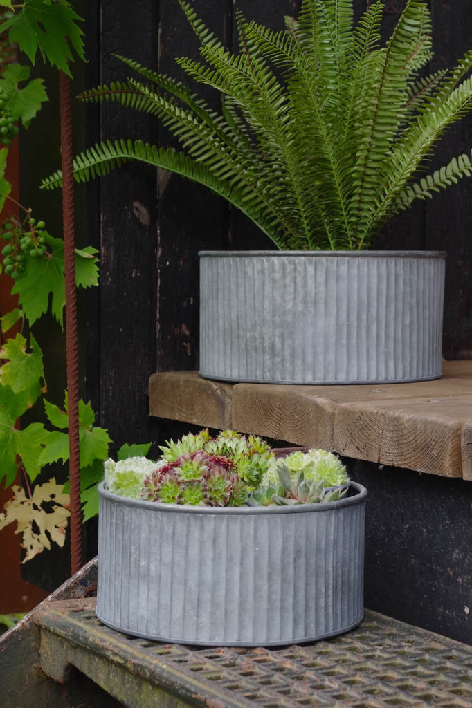 Galvanised Fluted Small Round Planters - Set of 2