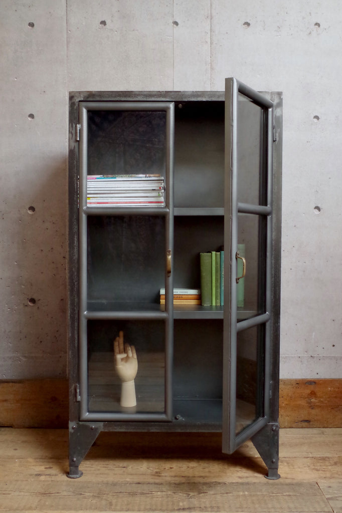 Low Industrial Display Cabinet with 2 shelves and glass doors.