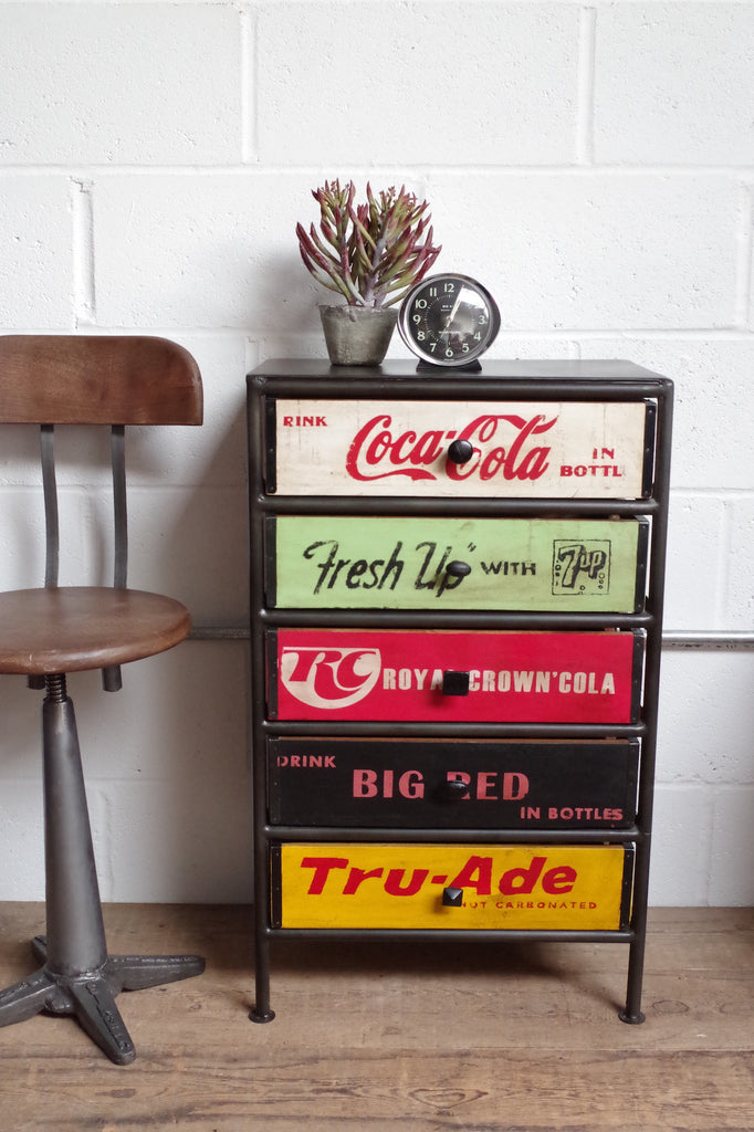 Black metal frame unit with 5 vintage style soda crate drawers.