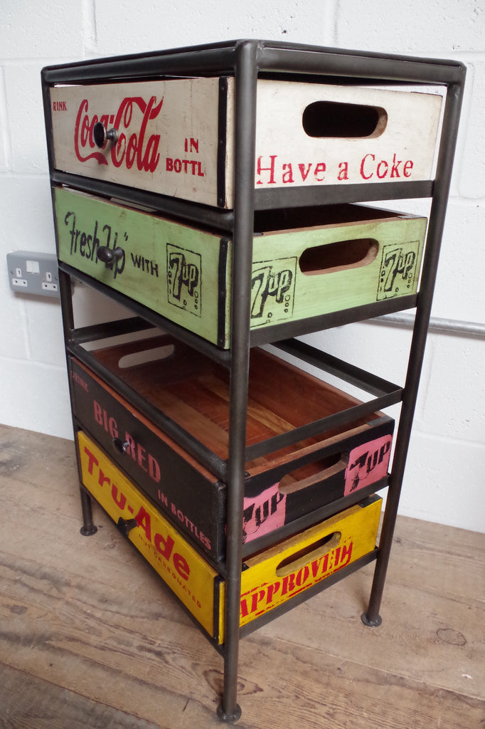 Black metal frame unit with 5 vintage style soda crate drawers.