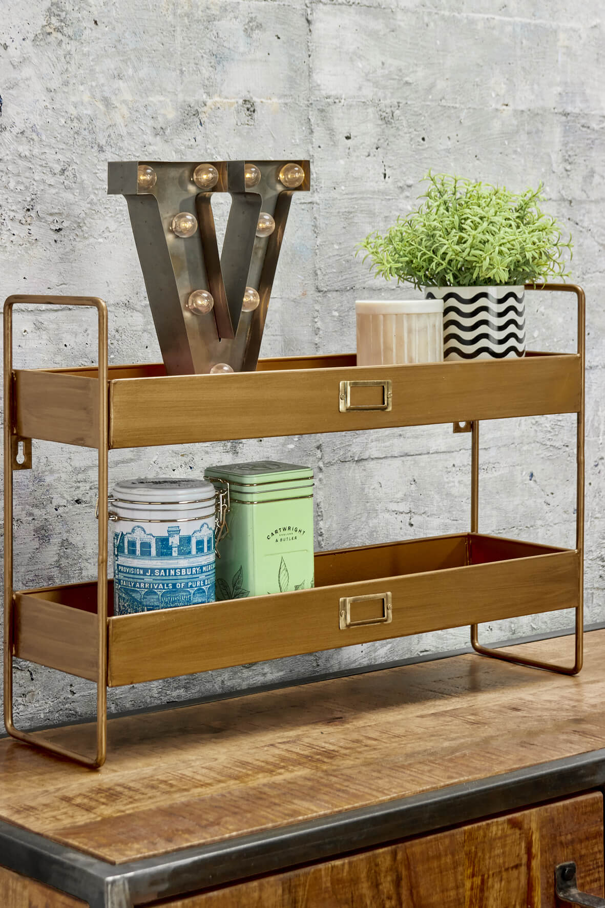 2 Tier Wall Shelf - Antique Gold freestanding