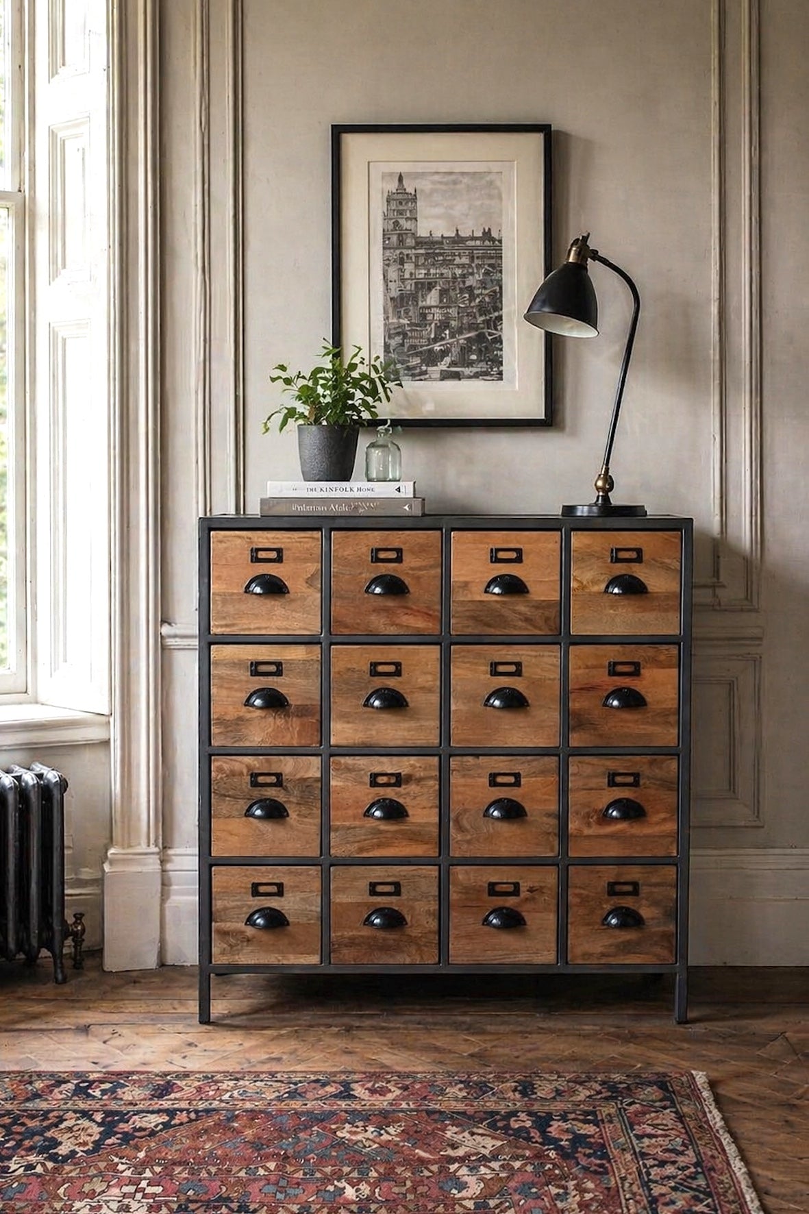 Industrial Apothecary Drawer Unit in a victorian style home