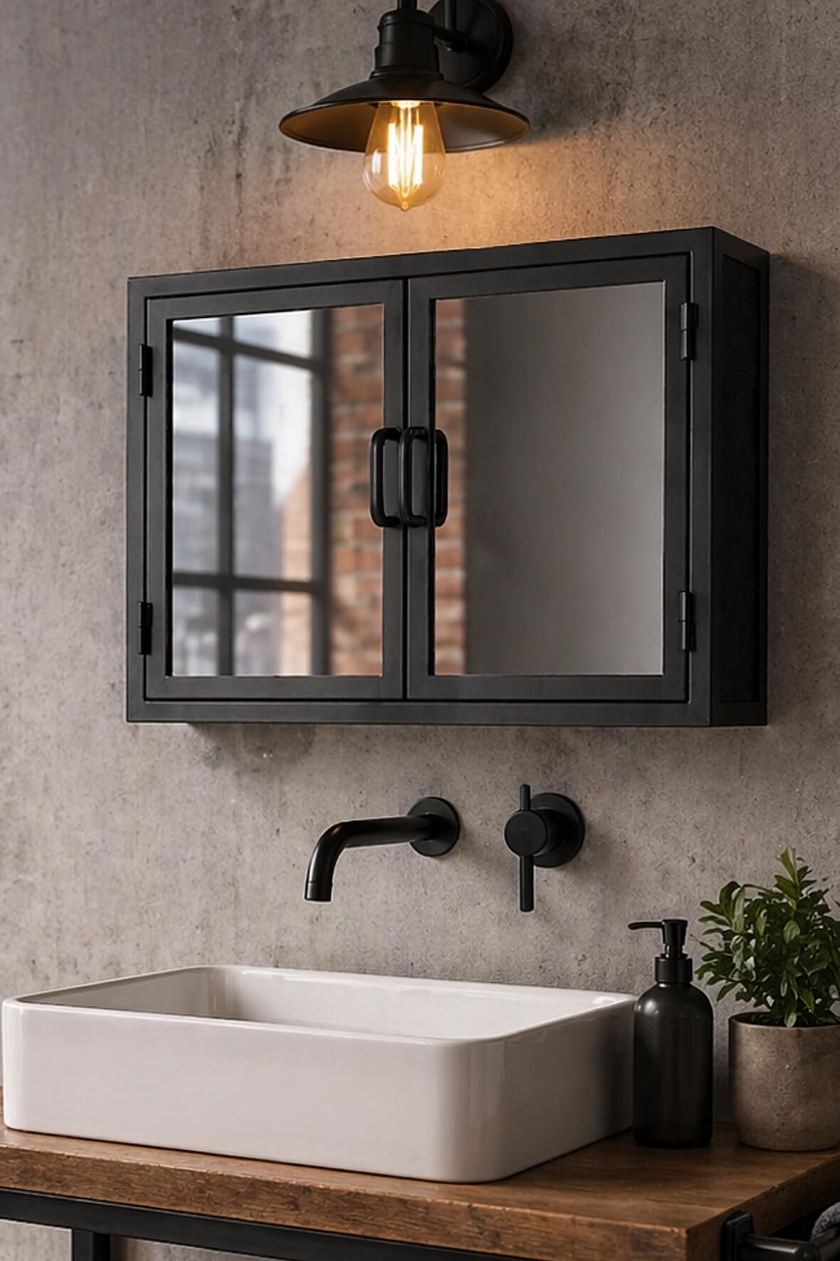 Industrial Mirrored Double Door Bathroom Cabinet - Matt Black above a sink in a industrial style bathroom 
