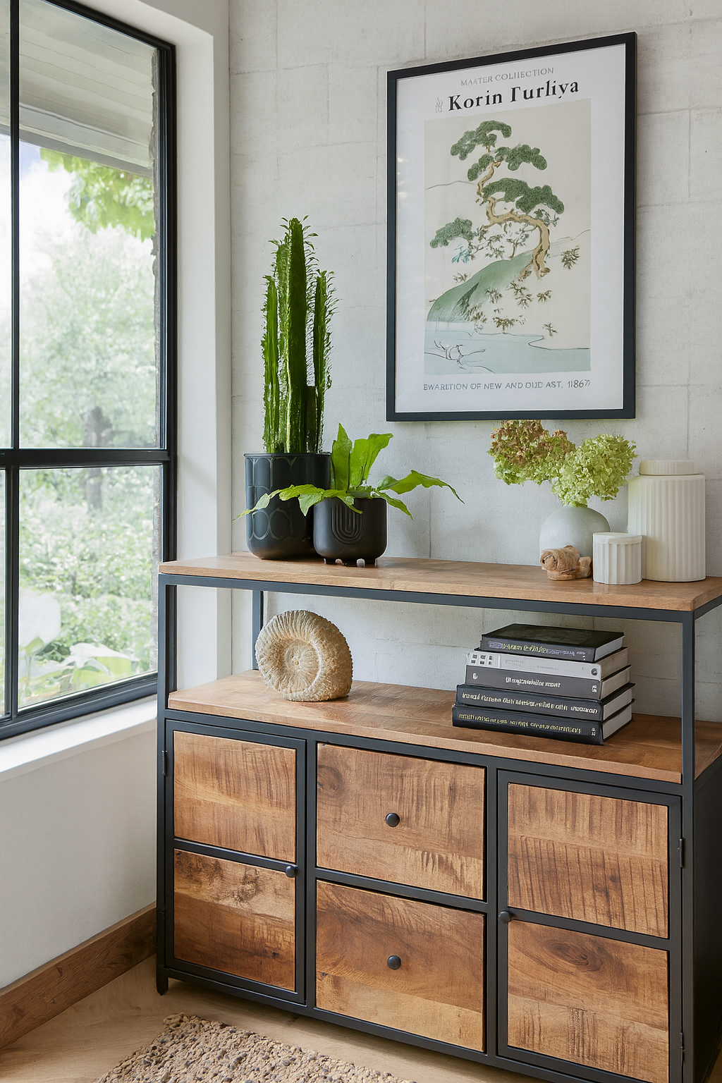 Industrial Sideboard with Cupboards and Drawers - Matt Black in an industrial style living room.