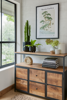 Industrial Sideboard with Cupboards and Drawers - Matt Black in an industrial style living room.