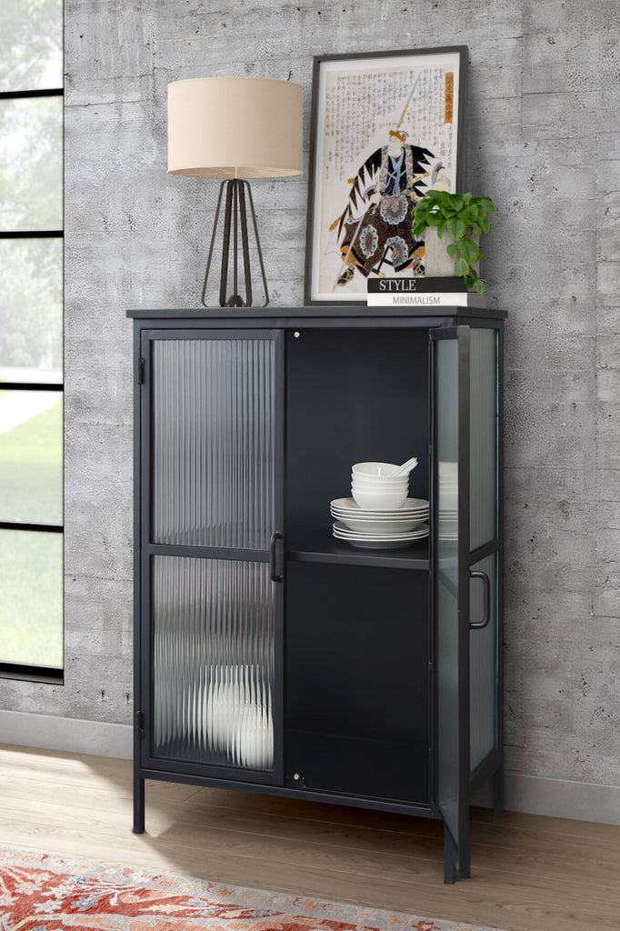Industrial Fluted Glass 2 Door Sideboard Matt Black Vincent and Barn