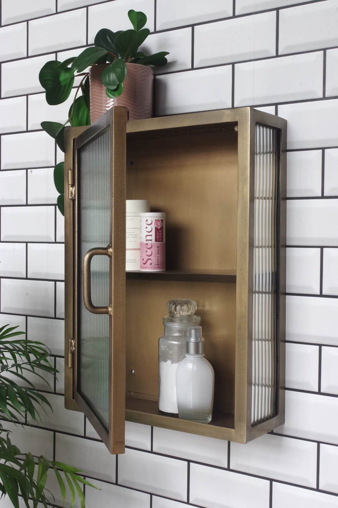 Industrial Fluted Glass Bathroom Cabinet - Antique Brass