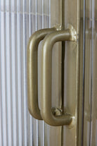 Industrial Fluted Glass Double Door Wall Cabinet - Antique Brass - close up of handles