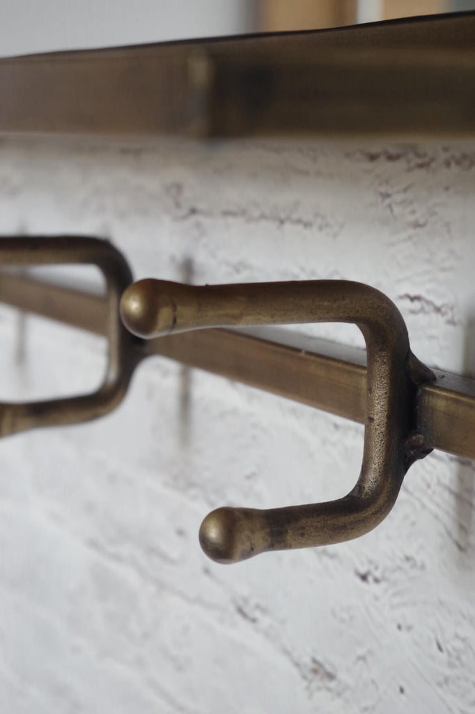 Industrial Mirror Shelf with Hooks - Antique Brass