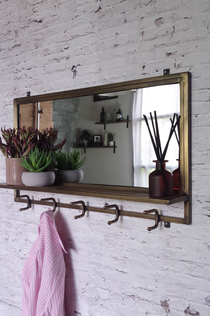 Industrial Mirror Shelf with Hooks - Antique Brass