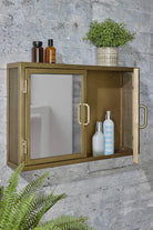 Industrial Mirrored Double Door Bathroom Cabinet - Antique Brass with door open