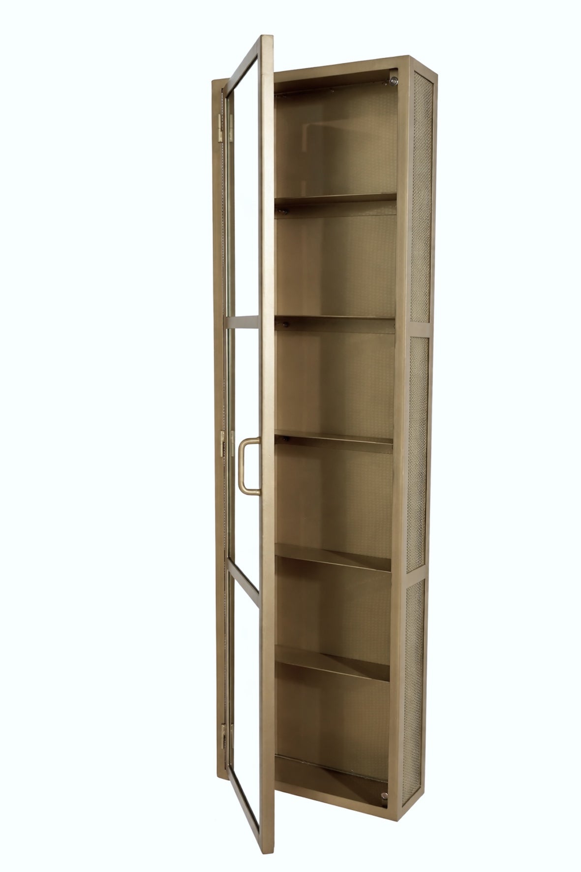 Industrial Mirrored Tall Slim Bathroom Cabinet - Antique Brass with door open