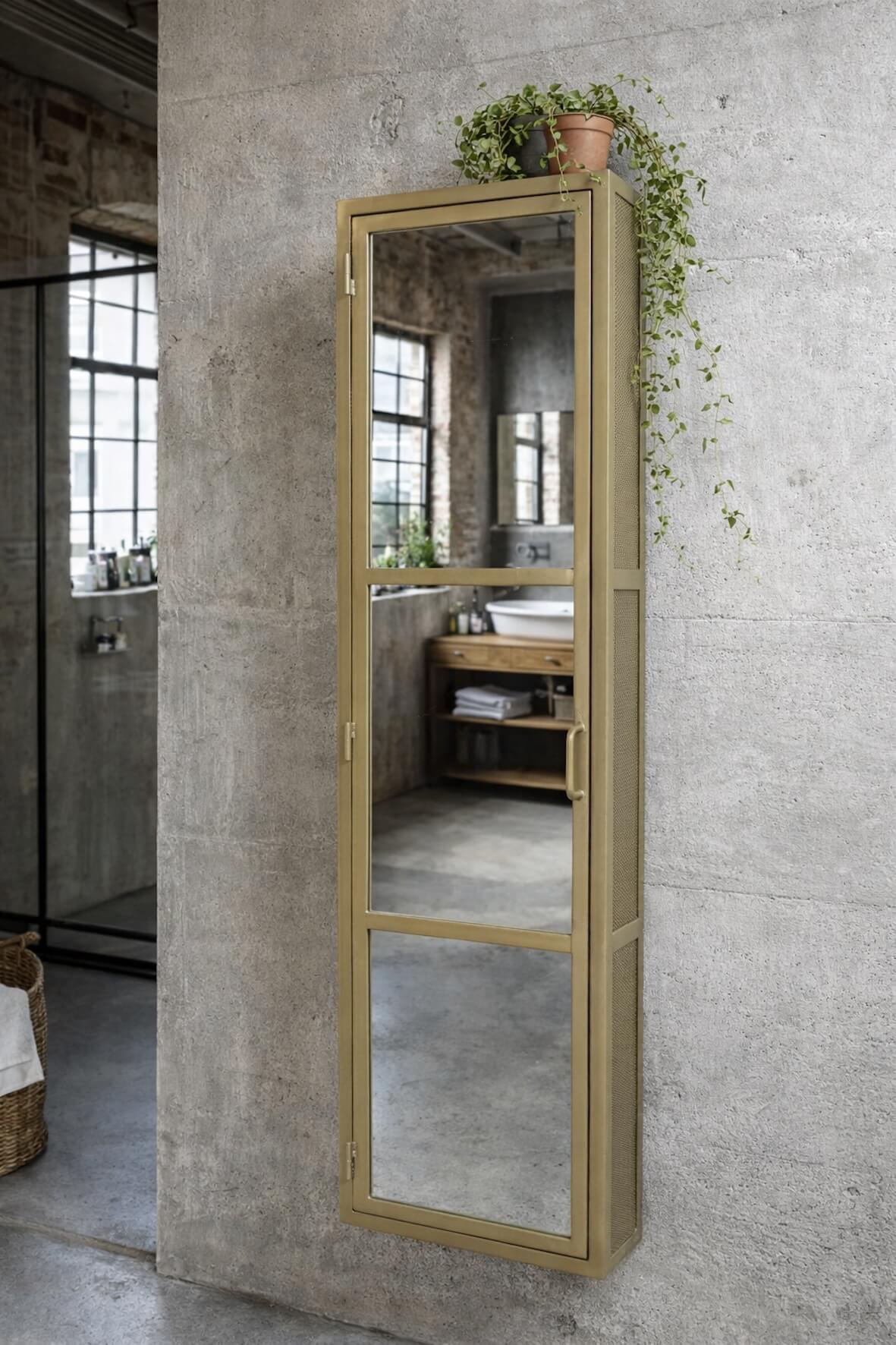 Industrial Mirrored Tall Slim Bathroom Cabinet - Antique Brass on a concrete wall in an industrial style bathroom