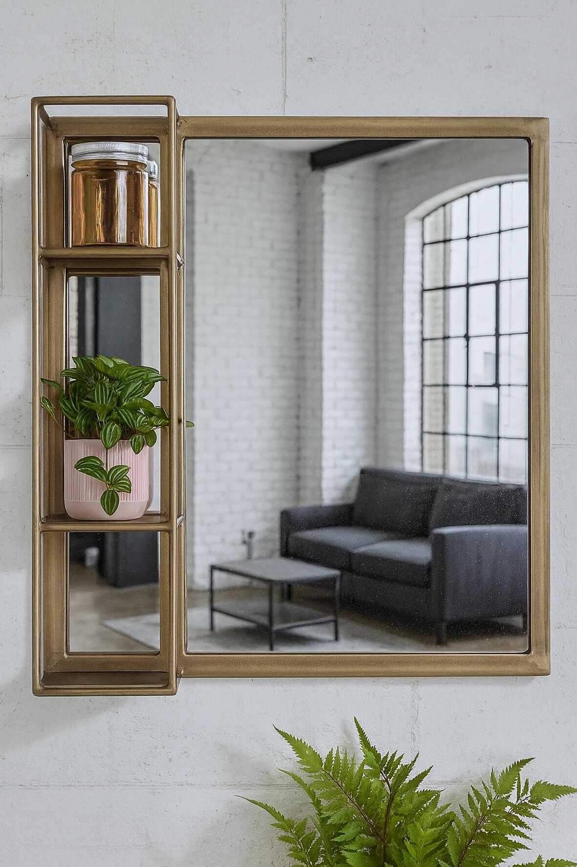 Industrial Mirror with Display Shelves - Antique Brass