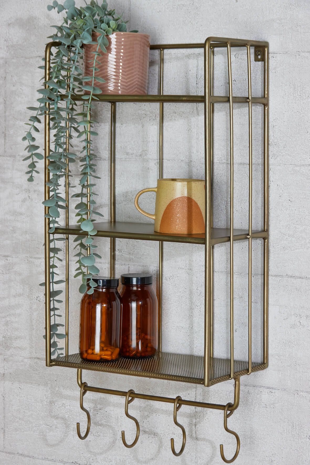 Industrial Wall Shelf with Hooks - Narrow -  Antique Brass