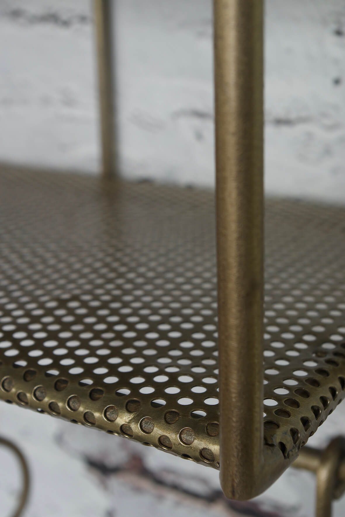 Industrial Wall Shelf with Hooks - Narrow -  Antique Brass mesh close up