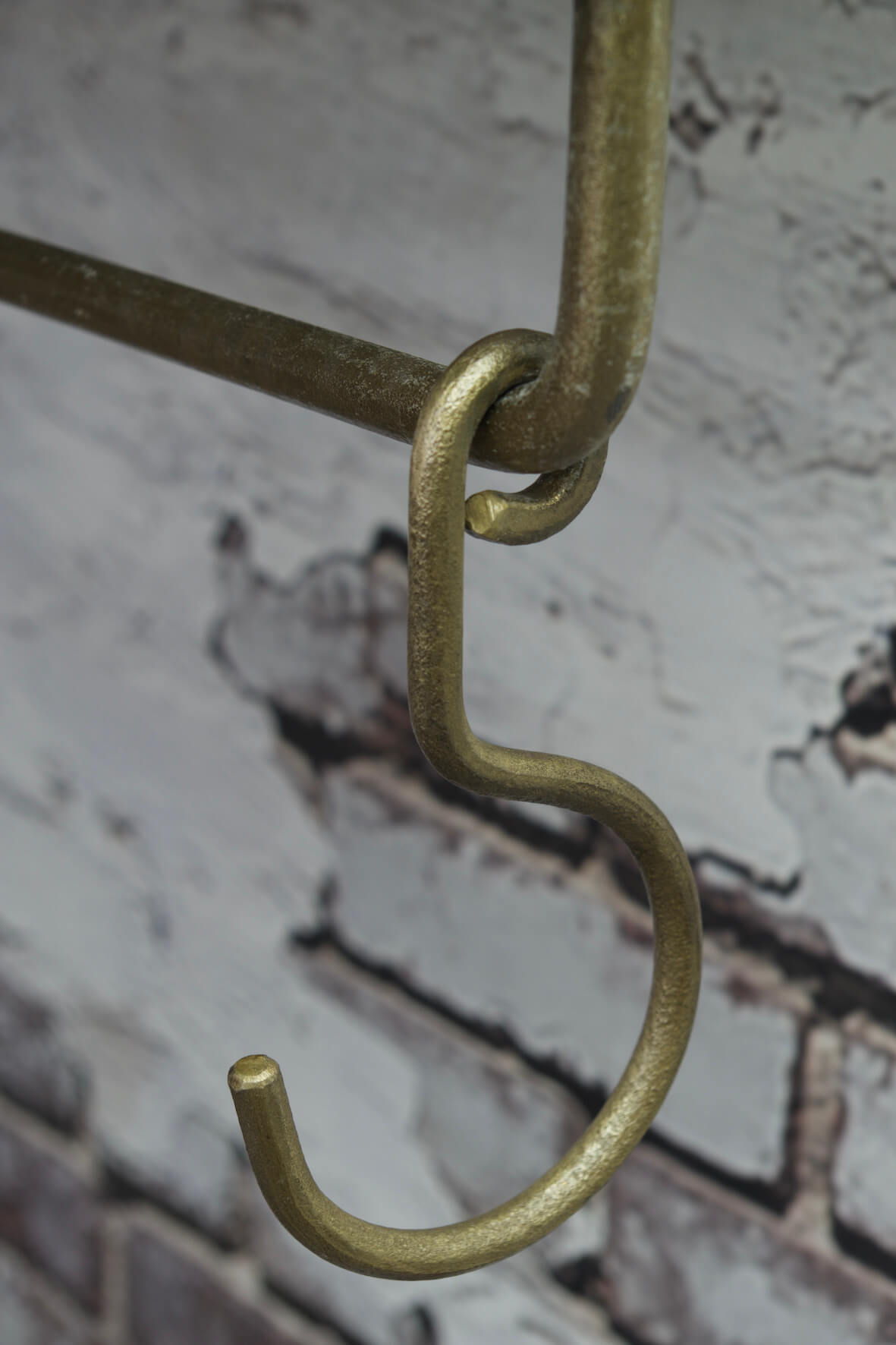 Industrial Wall Shelf with Hooks - Narrow -  Antique Brass hook detail