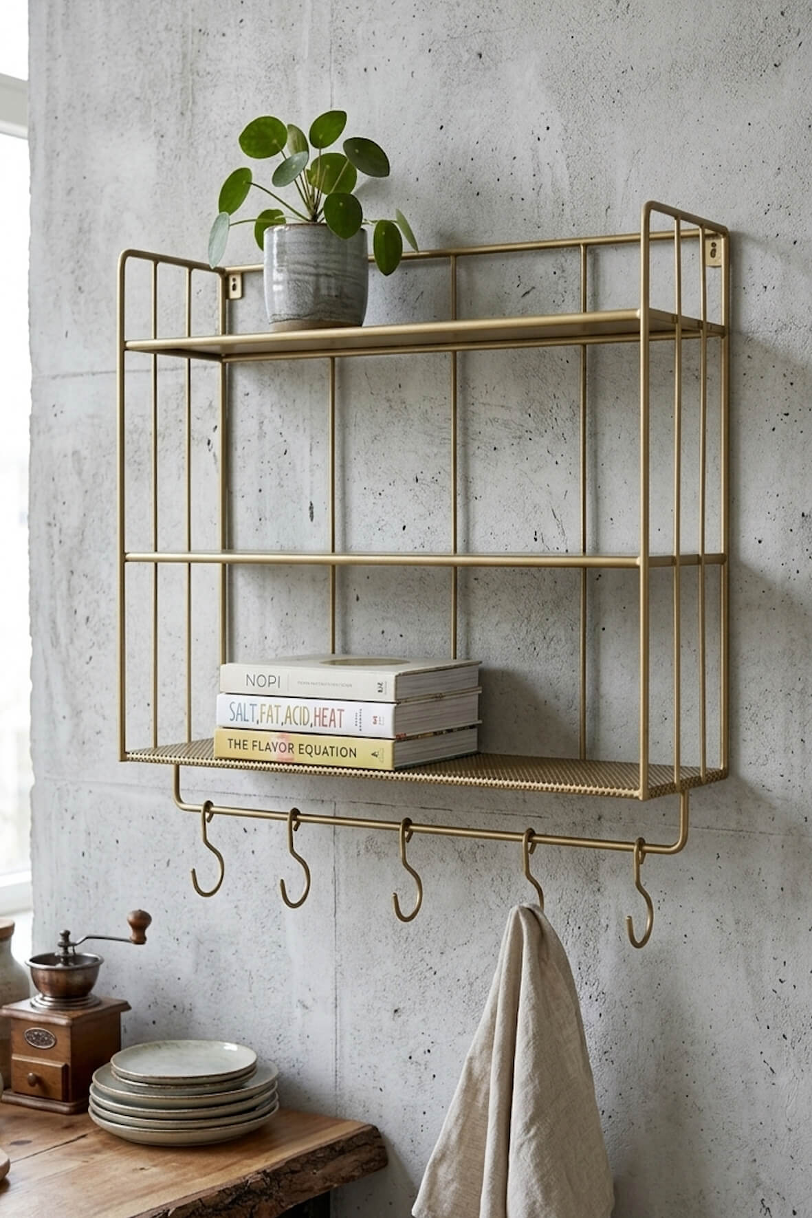 Industrial Wall Shelf with Hooks - Tall - Antique Brass