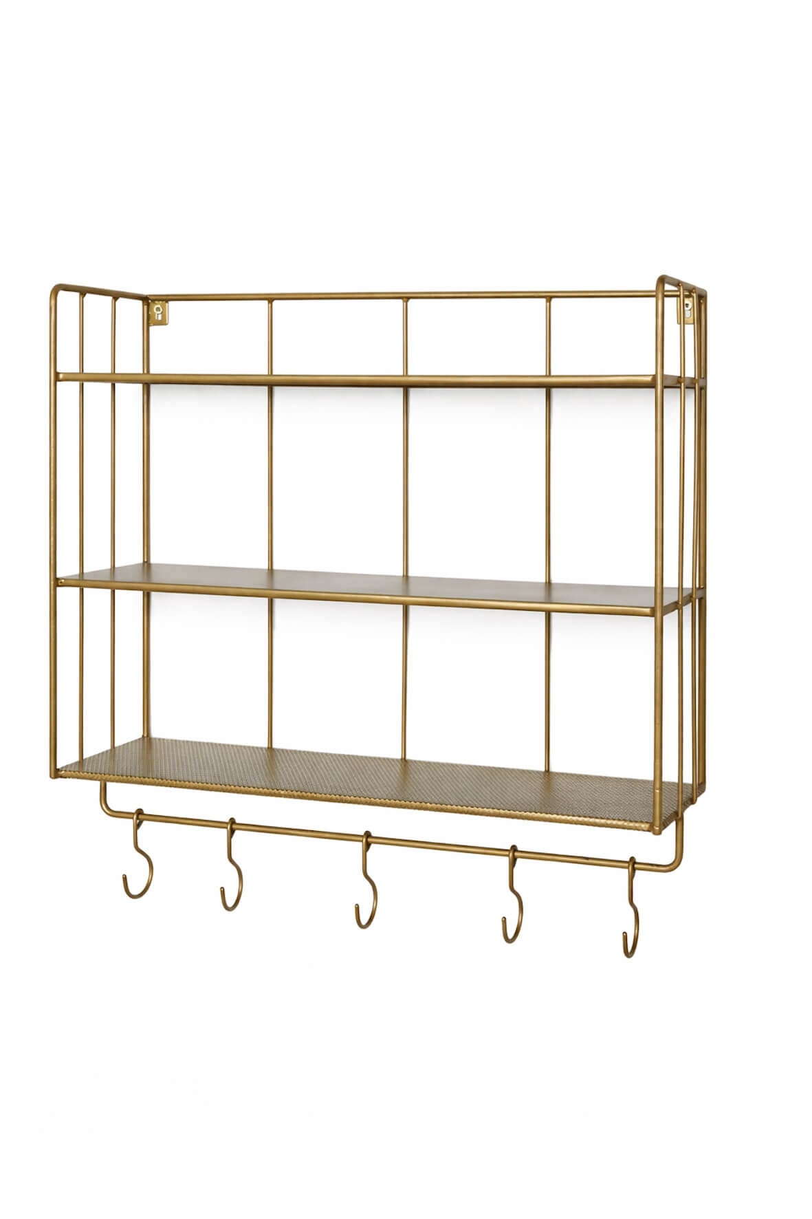 Industrial Wall Shelf with Hooks - Tall - Antique Brass on white background