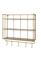 Industrial Wall Shelf with Hooks - Tall - Antique Brass on white background