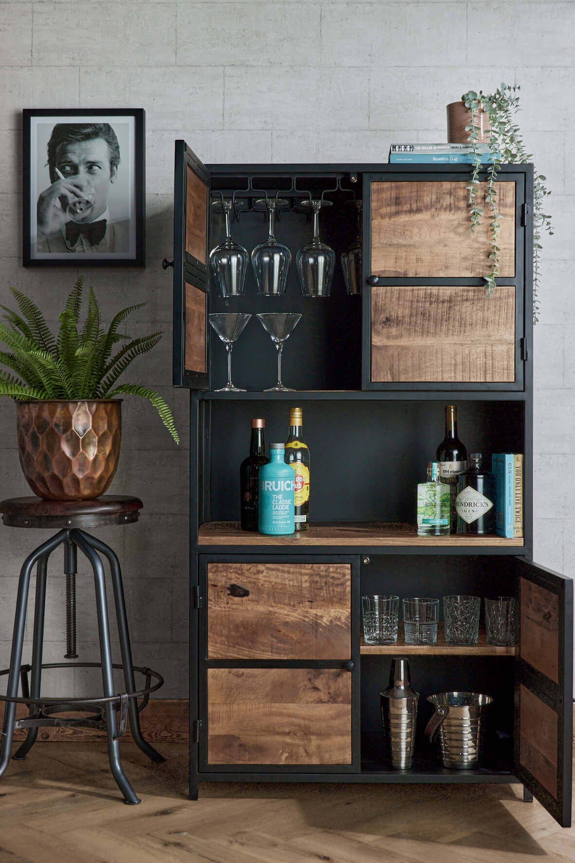 Industrial Drinks Cabinet with doors open
